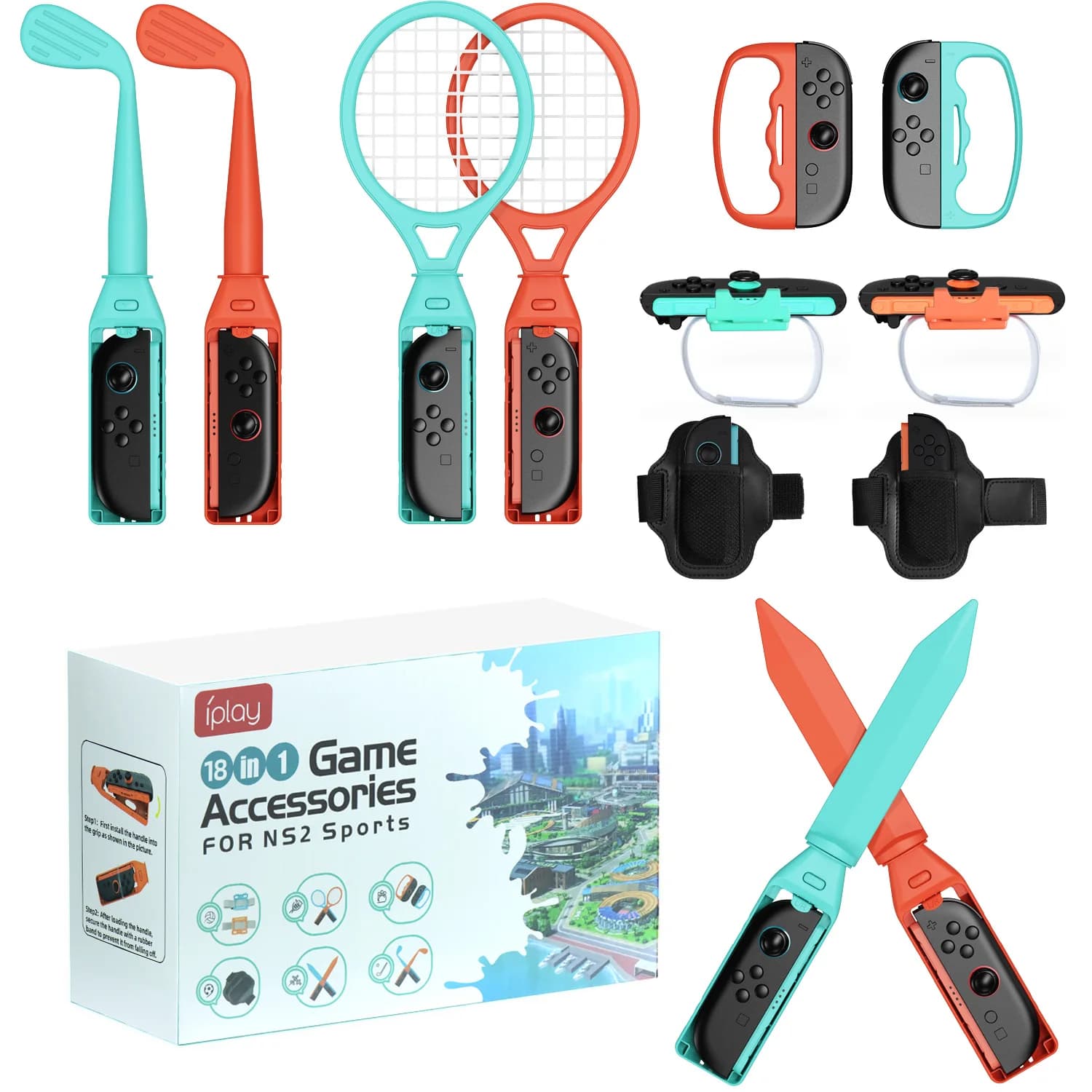 Kit Accessori Sportivi 18 in 1 per NS Switch 2, Mazze da Golf, Racchette da Tennis, Spade, Impugnature, Cinghie per Joy-Con