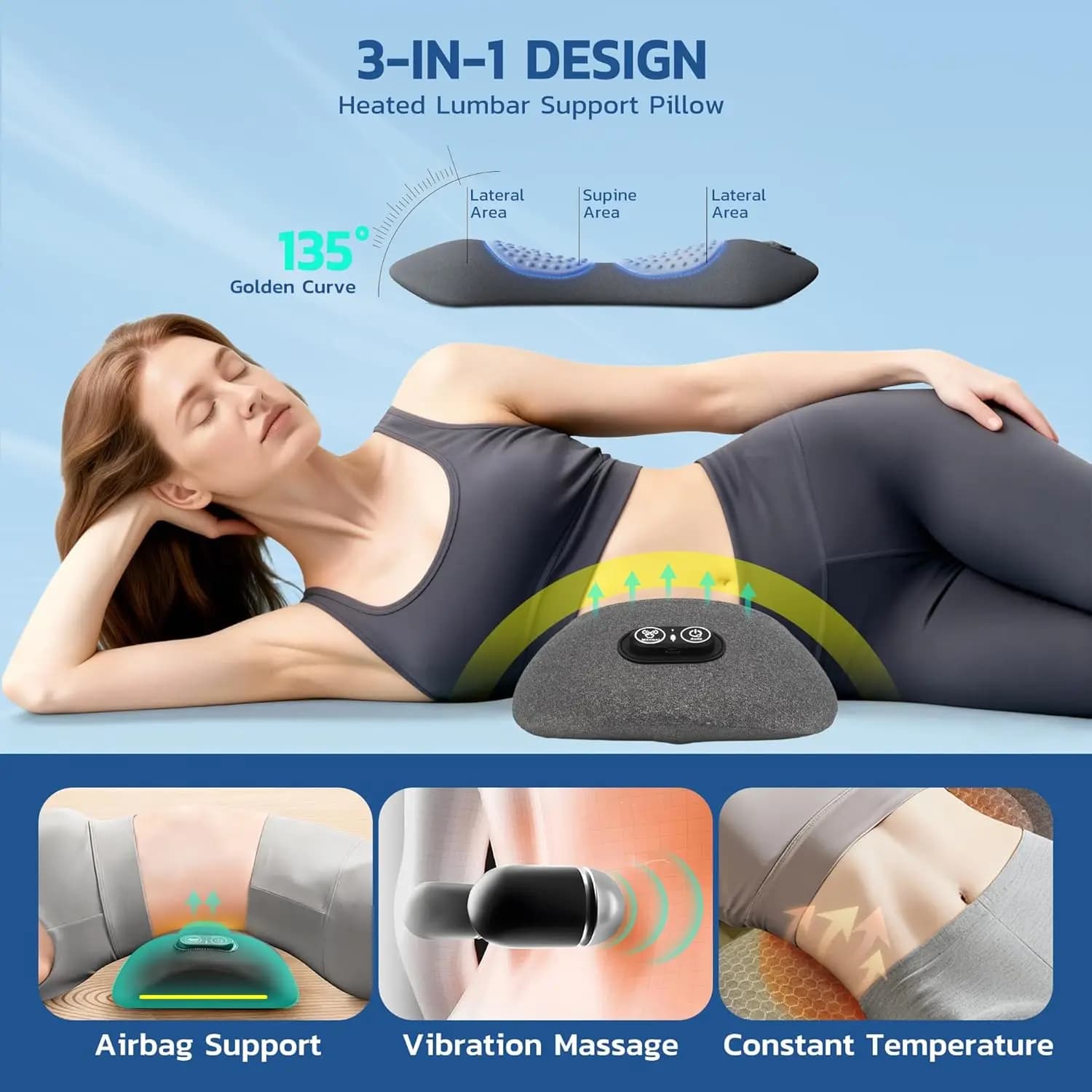 Cuscino di Supporto Lombare 3 in 1 Okayso, Massaggiatore Elettrico per la Schiena, Dispositivo di Decompressione Lombare con Calore e Vibrazione