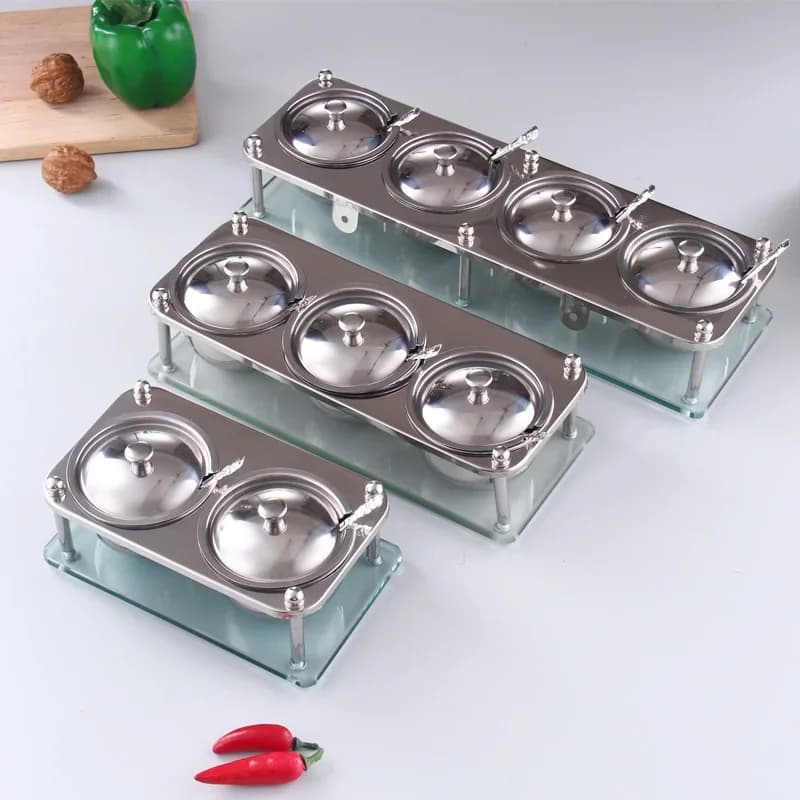 Forniture da cucina creative, set di scatole per condimenti in acciaio inossidabile, supporto in vetro, barattolo di spezie, bottiglia di sale e pepe