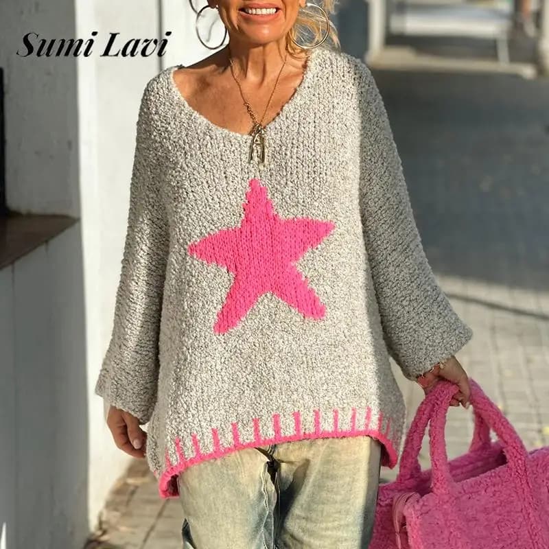 Autunno donna sexy scollo a V manica lunga maglione allentato top inverno elegante maglione patchwork moda stella modello stampa pullover lavorato a maglia