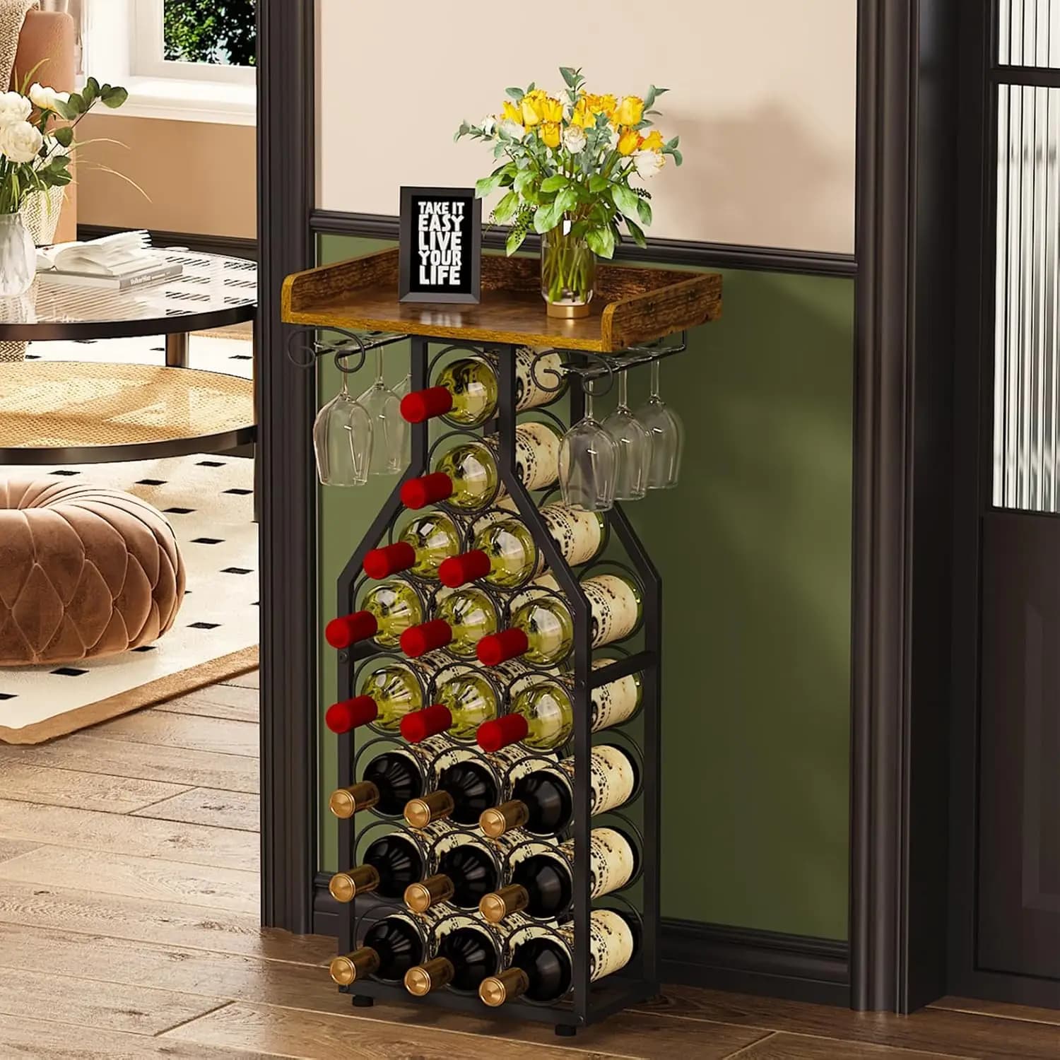 Portabottiglie da Terra Autoportante, Espositore per Vini con Mini Bar e Piano d'Appoggio, Porta Bicchieri e Bottiglie