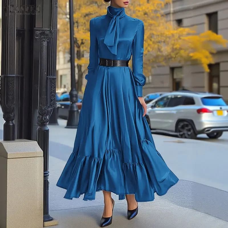 Elegant Satin Silk Party Maxi Dress Woman Tie Neck Long Sleeve Solid Color Glossy Long Dress ZANZEA Evening Cocktail Robes Femme