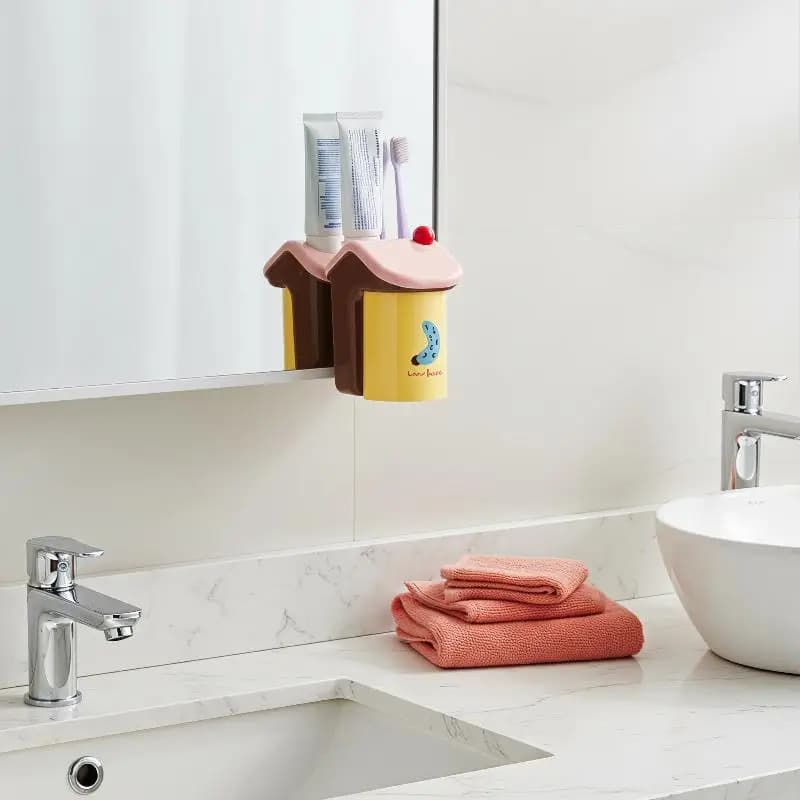 No Drill House Shape Magnetic Toothbrush Holder Wall Mounted Cup Stand for Bathroom Counter Storage