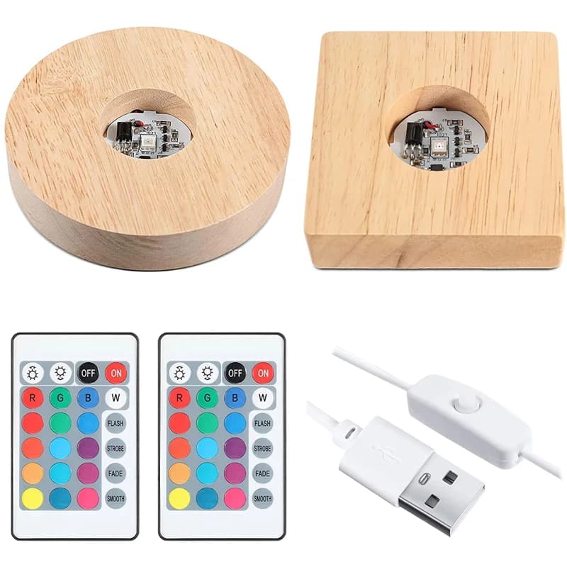 5/6/8/10CM Quadrato Rotondo In Legno Massello HA CONDOTTO LA Luce Portalampada Luminoso FAI DA TE di Cristallo Luce Notturna Base USB 1.5M Con telecomando