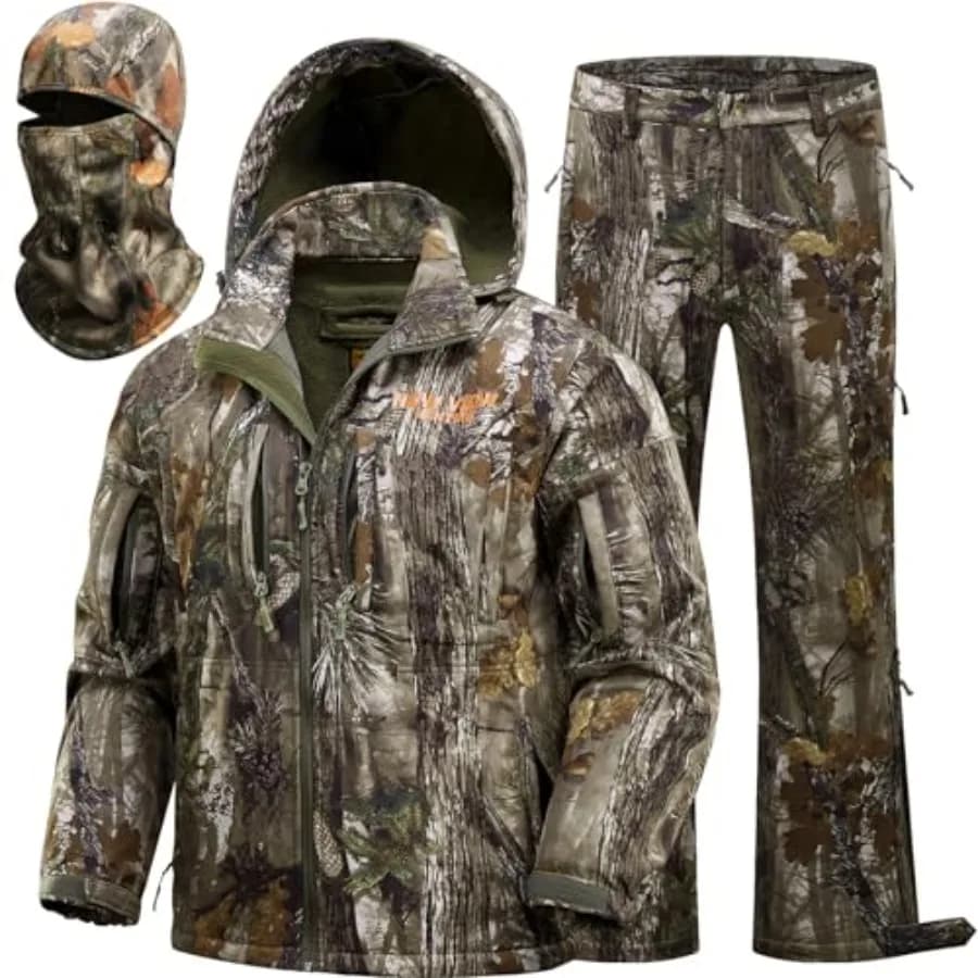 Abbigliamento Mimetico da Caccia per Uomo con Fodera in Pile Silenziosa e Calda: Set Giacca e Pantaloni per Caccia al Cervo in Climi Freddi con Maschera Integrata