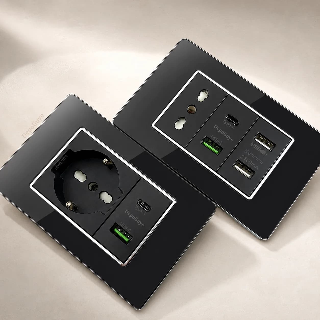 USB Type C Smart Wall Clamp in Black Tempered Glass, Standard Italy/Chile, with Light Switch and TV/SAT/Computer/ CAT