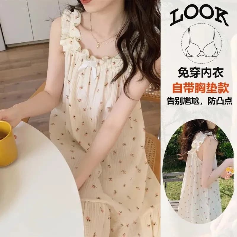 Women Nightdress Lady Chest Pad Sleeveless Loose Fit Pajamas Girl Student Spring Autumn Plus Size Mid-Length Homewear Nightdress