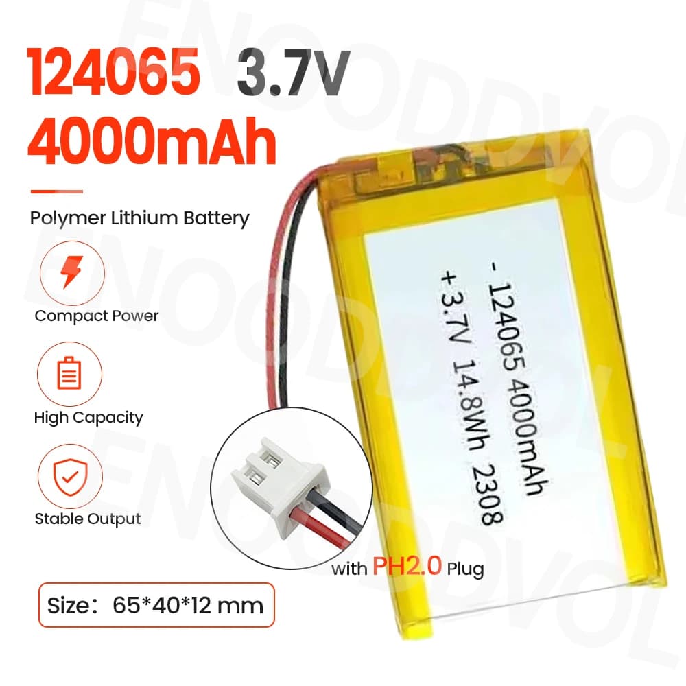 124065 3.7V 4000mAh 2pin Battery PH2.0 3.7V LiPo Battery for Smart Lock Tablet Camera Driving Recorder Radio Walkie-talkie