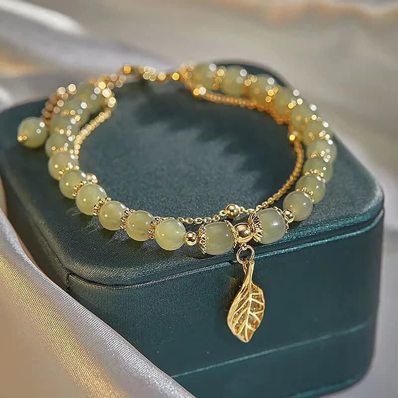 Accessori per donna, bracciale con perline in finta giada, bracciale a doppia catena con foglie per ragazze, gioielli da regalo per matrimoni e feste.