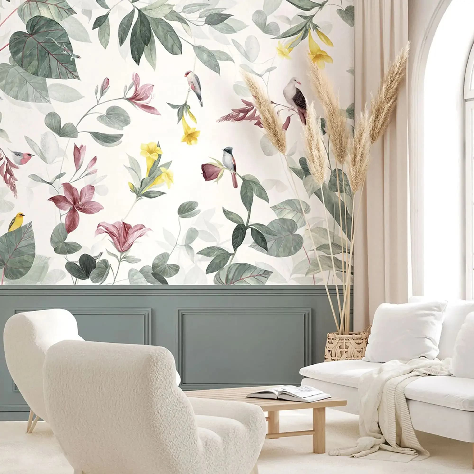 Bespoke panoramic green and pink wallpaper illustrating tropical flowers and exotic birds, Fresh Style Non woven Wallpaper