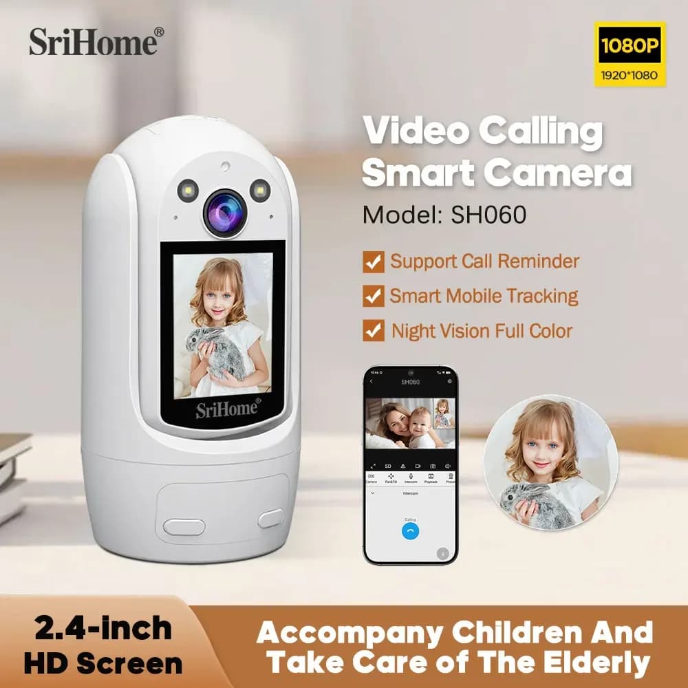 Srihome SH060 PTZ Wifi Videocamera Videochiamata con schermo IPS da 2,4 pollici Baby Cry Rilevamento del suono Telecamera IP di sicurezza CCTV Baby Monitor