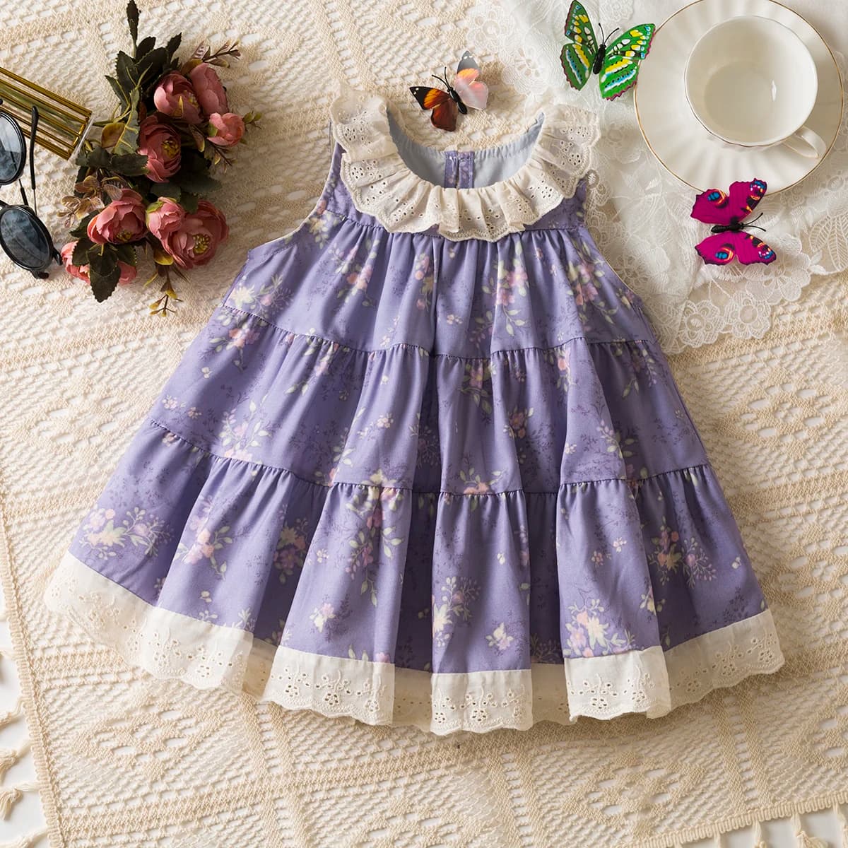 Abito da bambina in stile coreano Colletto per bambola in pizzo Bellissimo abito viola Abito da festa per ragazza elegante estivo