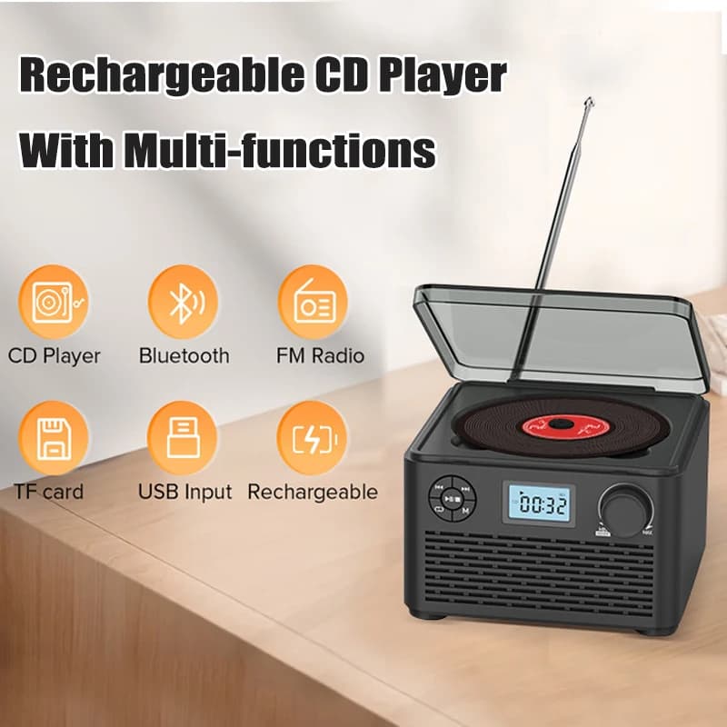 Lettore CD Domestico con Altoparlanti Bluetooth Ricaricabile 4000mAH Lettori CD Portatili Multifunzione con USB MP3 e Radio FM