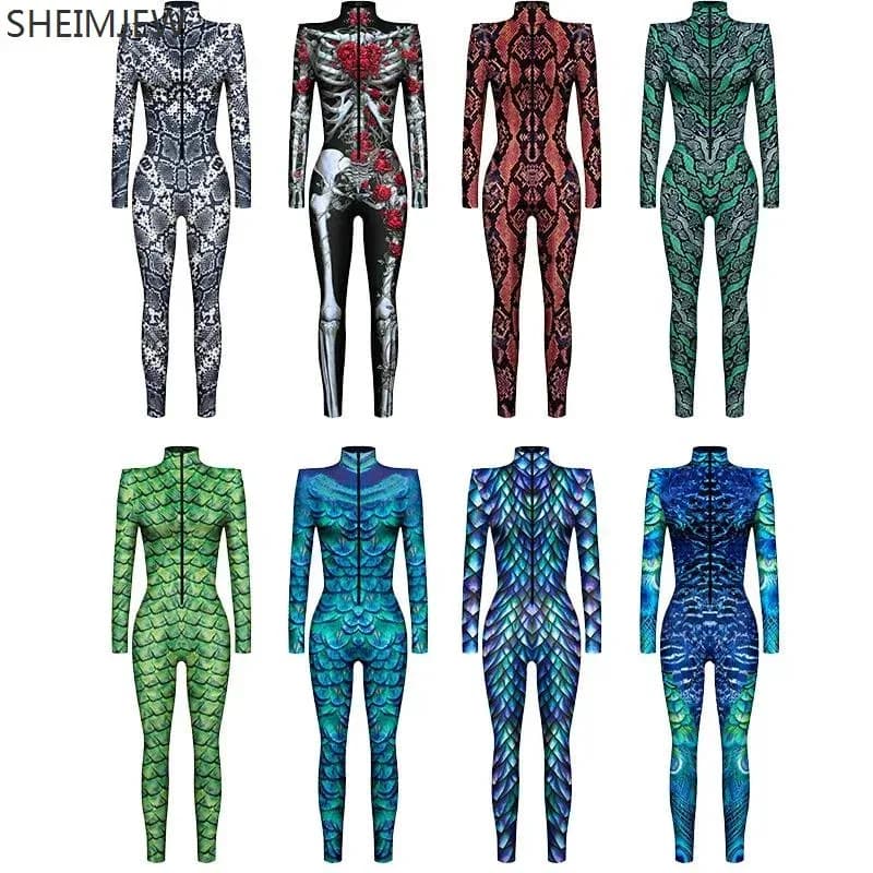 Woman 3D Printed Animal Snake Python Skull Cosplay Jumpsuit Adult Halloween Cosplay Circus Cycling Costume Carnival Jumpsuit