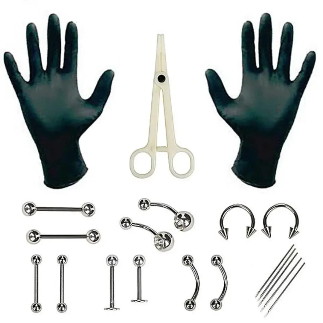 Set Professionale Monouso per Piercing, Kit con Ago e Pinza per Orecchie, Trago, Naso, Sopracciglia, Ombelico, Acciaio 316