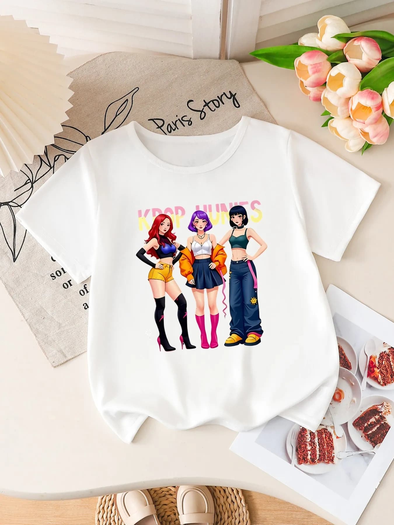 T-shirt a maniche corte con stampa anime K-Pop Hunnies per ragazze, maglietta grafica con gruppo di ragazze in stile cartone animato, top casual estivo per bambini