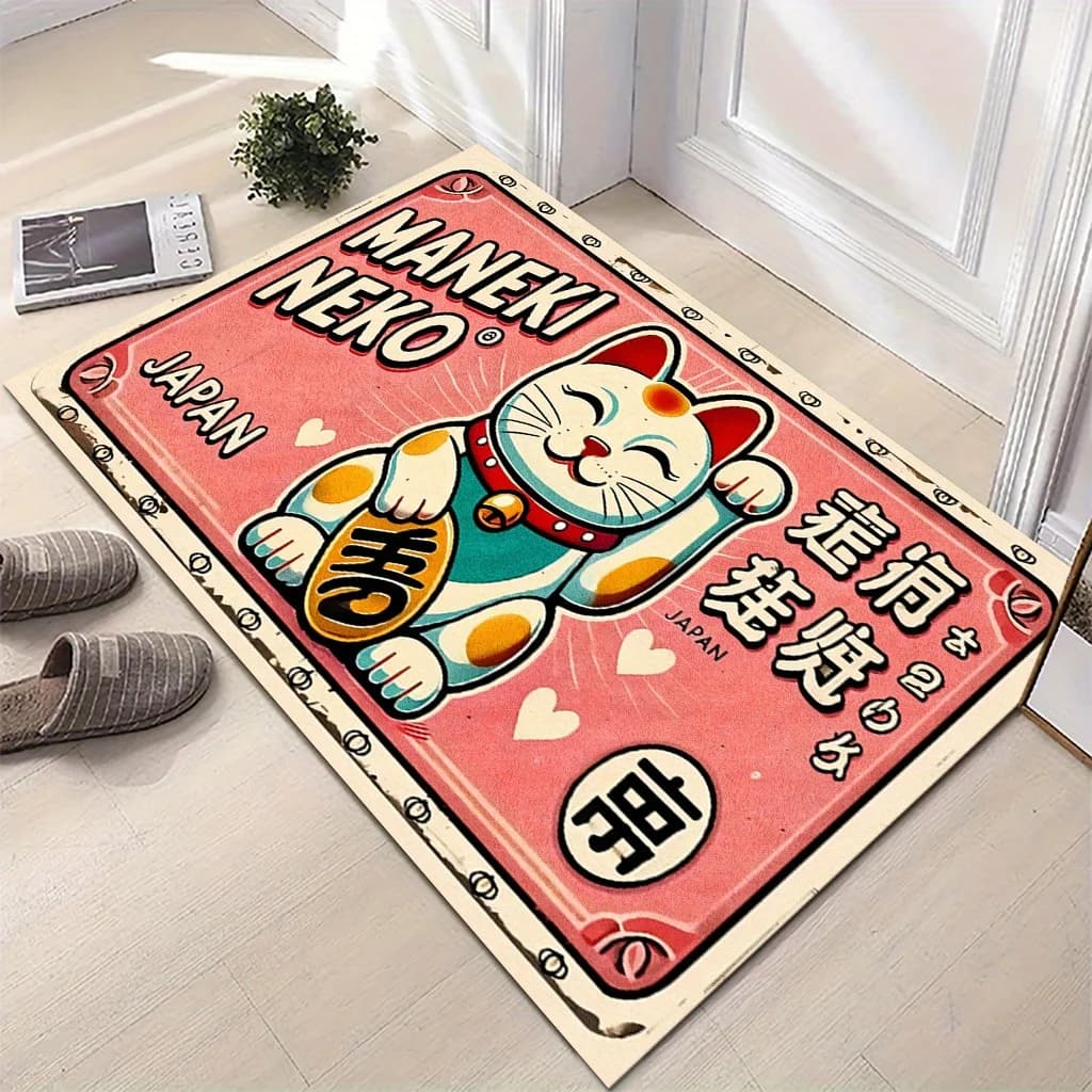 VIKAMA Carpet with cat lucky cartoons, pink mat, welcome mat, light carpet for living room, bedroom, bathroom, house