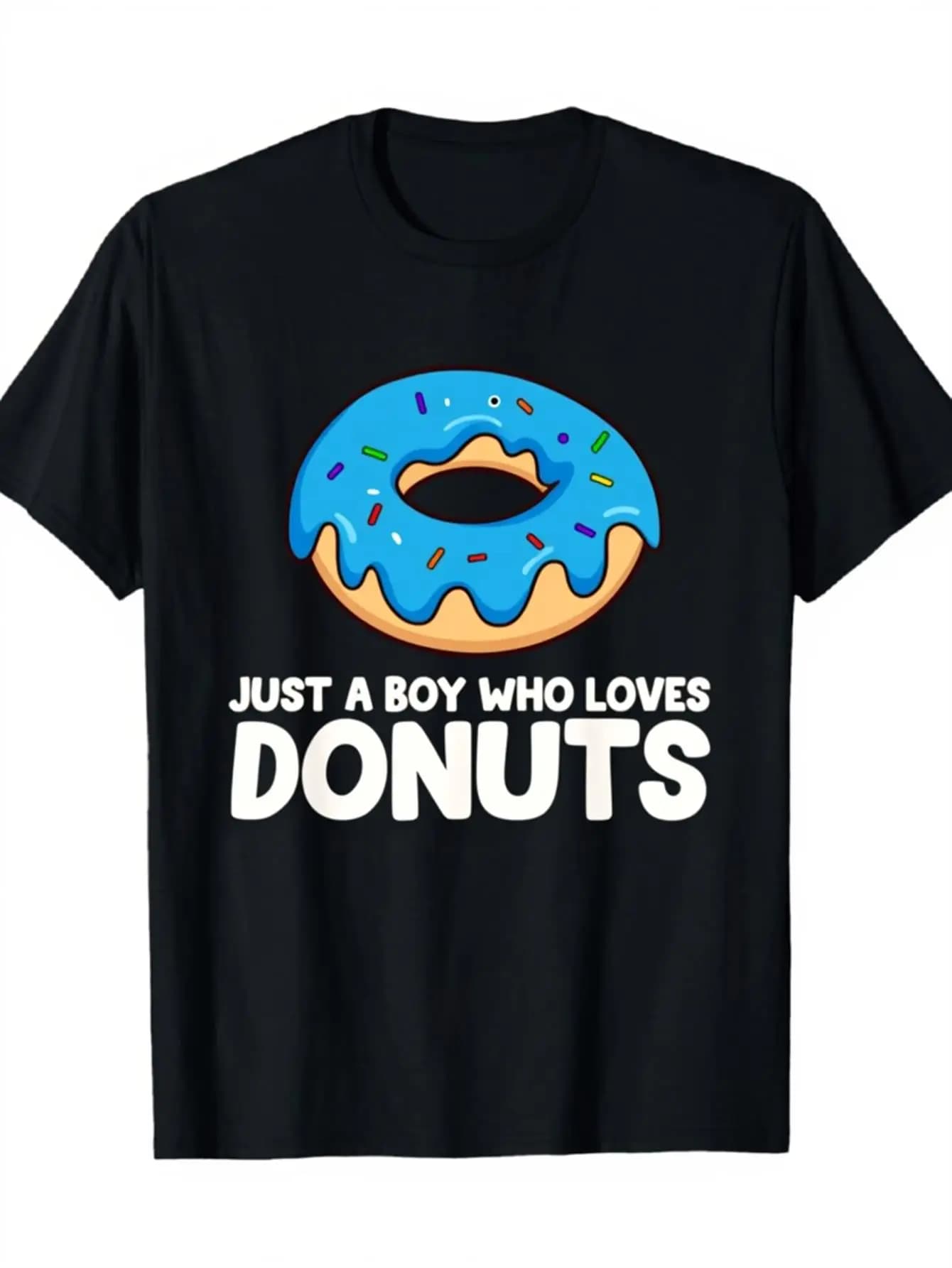 Funny Men's Black Graphic T-Shirt Blue Frosted Donut Sprinkles Just a Boy Who Loves Donuts Bold Letter Print 100% Cotton Heavyweight Short Sleeve Casual Streetwear Tee