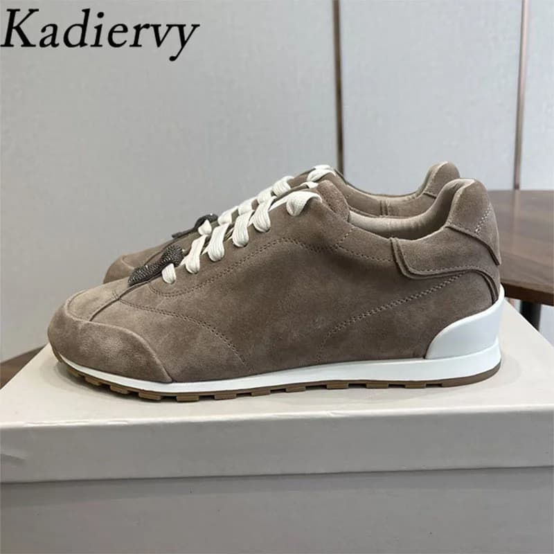 Sneakers da Donna in Vendita, Scarpe Basse con Punta Rotonda e Lacci, in Pelle Scamosciata con Perline, Comode Scarpe Sportive Casual da Donna