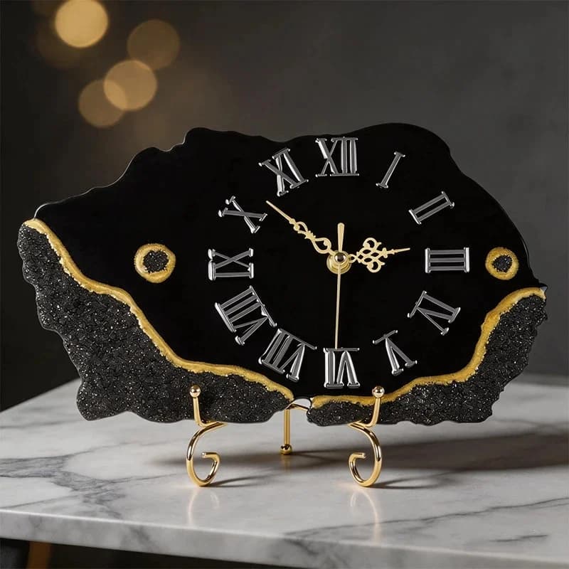 Orologio in resina nera con cristalli e bordi dorati, orologio da tavolo o da parete, stile nordico di lusso, silenzioso, per casa, ufficio, idea regalo per lei.