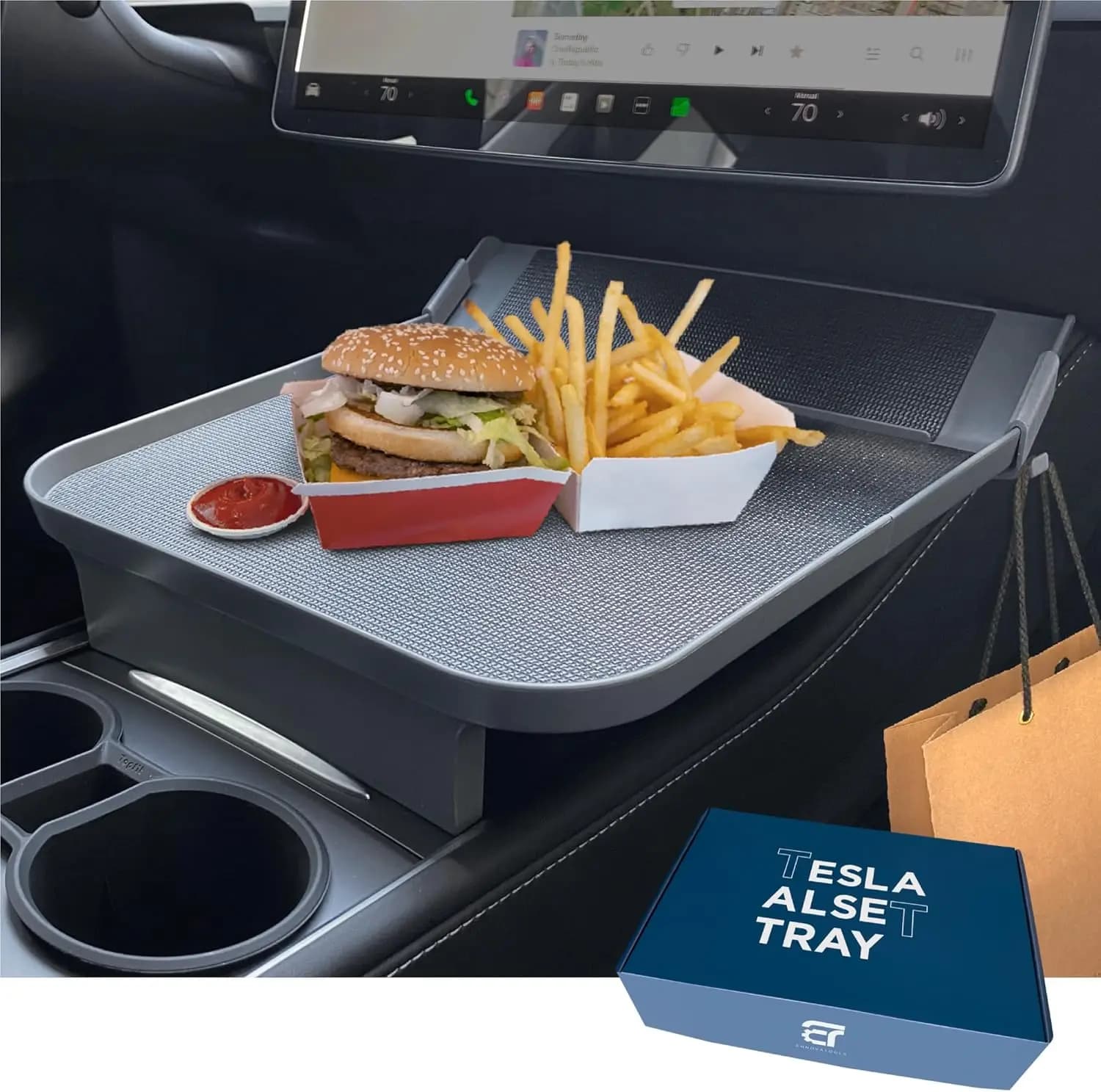 Tavolino da Auto per Mangiare e Organizzare per Tesla Model 3 Y 2020-2026, Organizer per Console Centrale con Tappetino Antiscivolo, Perfetto per