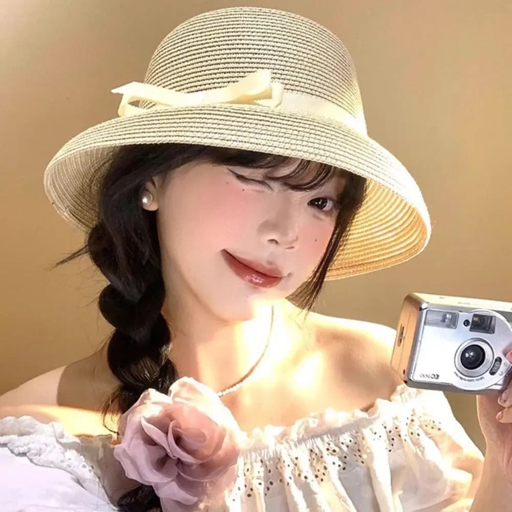 Trendy French Bow Straw Cap Hepburn Beach Weaving Cap Big Brimmed Summer Bucket Sun Hat Outdoor
