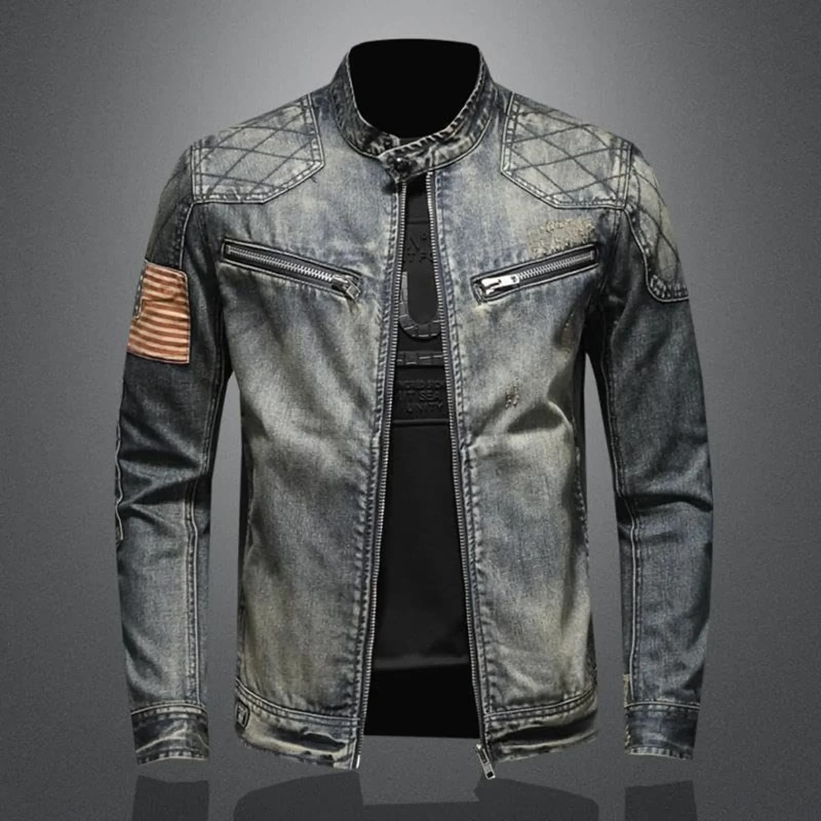 Giacca di jeans vintage con cerniera Stand Up Cappotto di jeans slim fit in cotone Jeans Manica lunga Tasca ampia Cerniera Giacca invernale da uomo