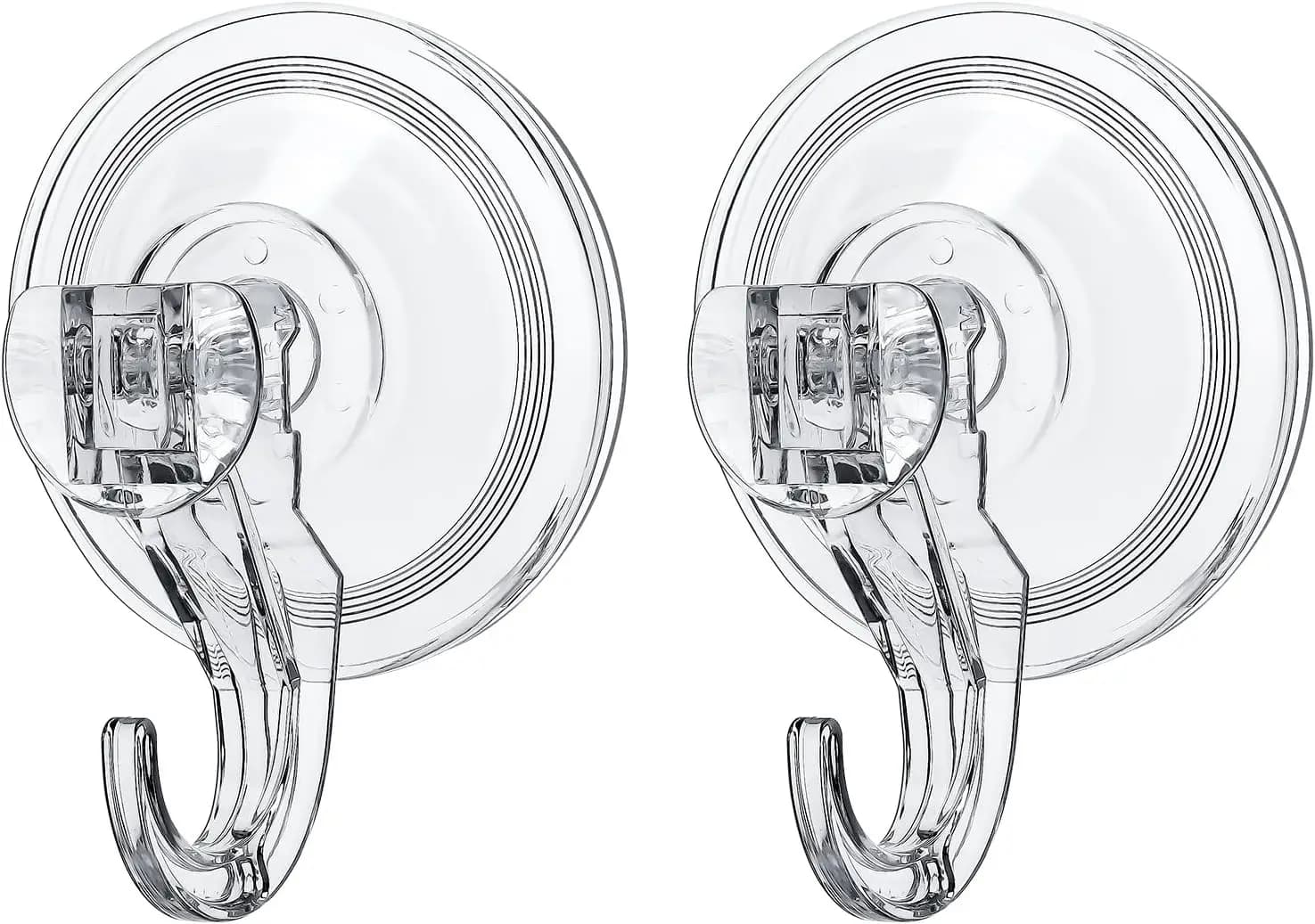 Suction Hooks 2 Packs, Clear Powerful Push and Lock Vacuum Suction Cup, Multi-Purpose Suction Shower Hooks for Front Door Window Glass Kitchen Towel Loofah Utensils, 2pcs
