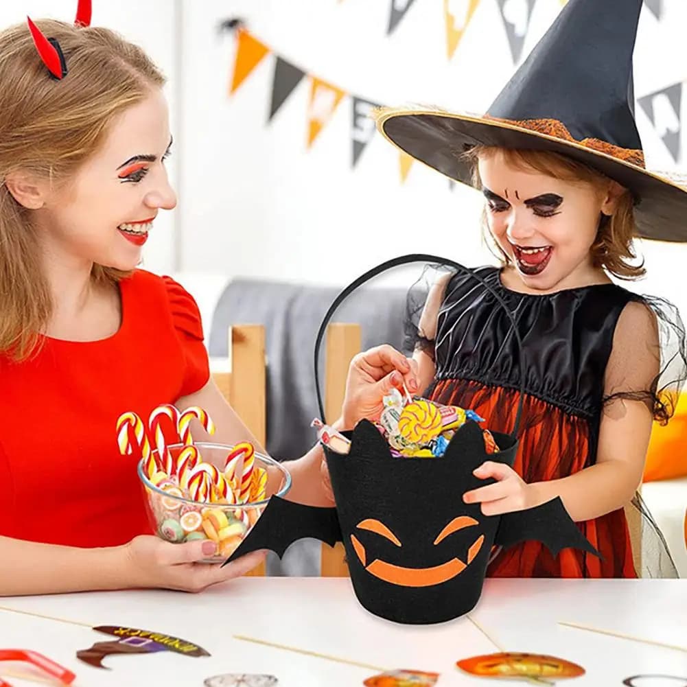 Durevole Halloween Goody Tote Bat Pattern secchio riutilizzabile per caramelle di Halloween con manico per bambini borsa portatile dolcetto o scherzetto