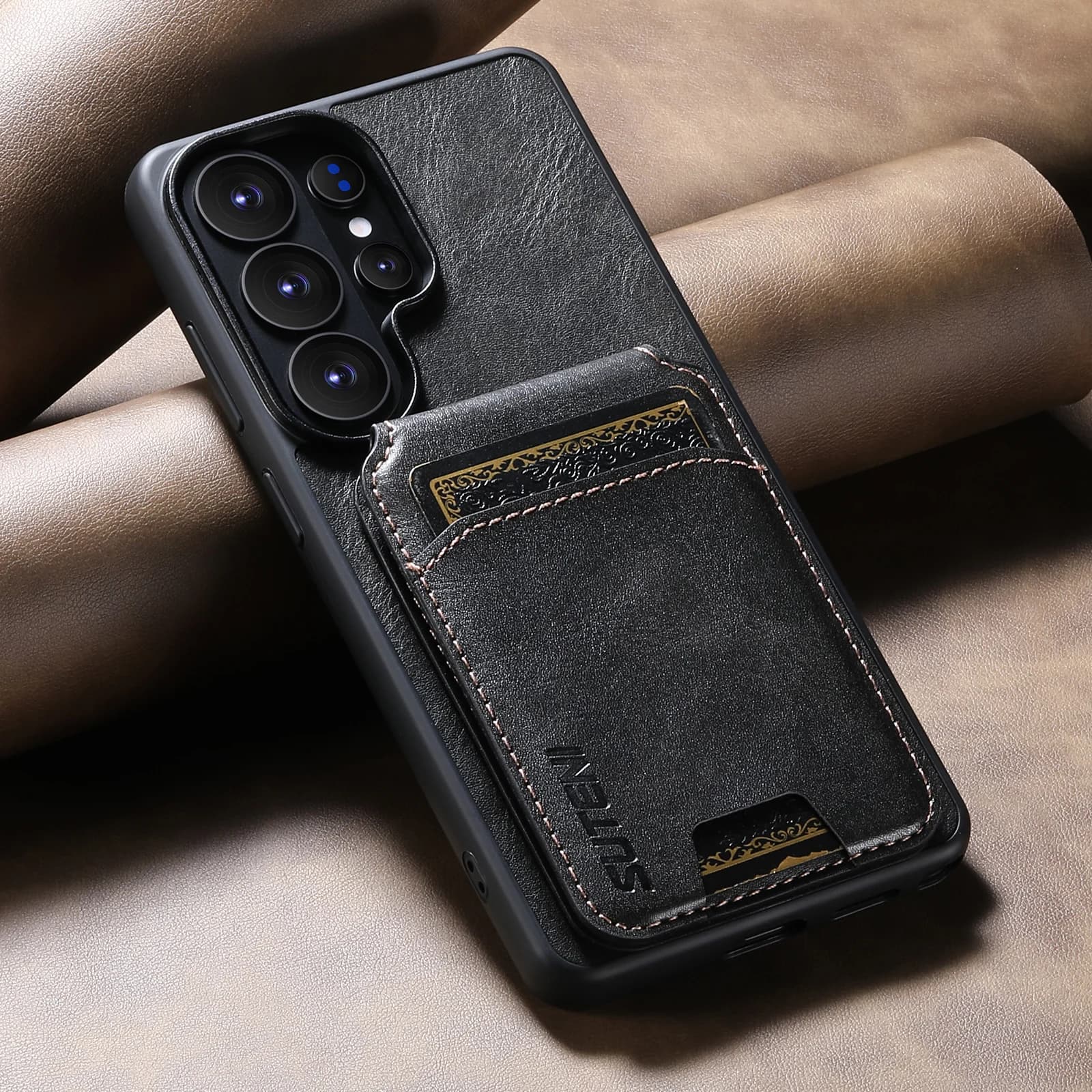 SUTENI Custodia per telefono di lusso in ecopelle con superficie liscia effetto olio e cera, porta carte e supporto per Samsung Galaxy S26 Ultra S25 Plus S24 S23