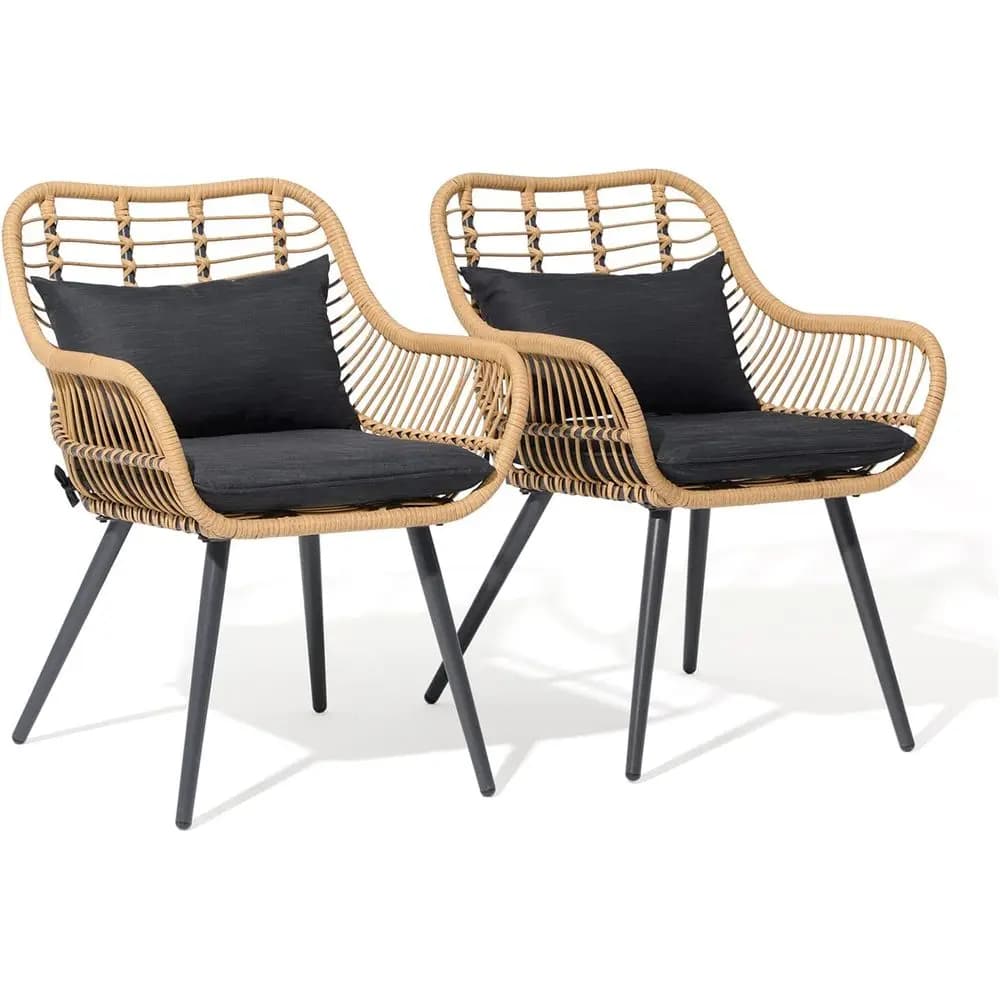 Set di 2 Sedie da Pranzo in Rattan per Esterni con Cuscini e Braccioli per Patio, Balcone, Veranda, Prato, Cortile, Giardino - Bl