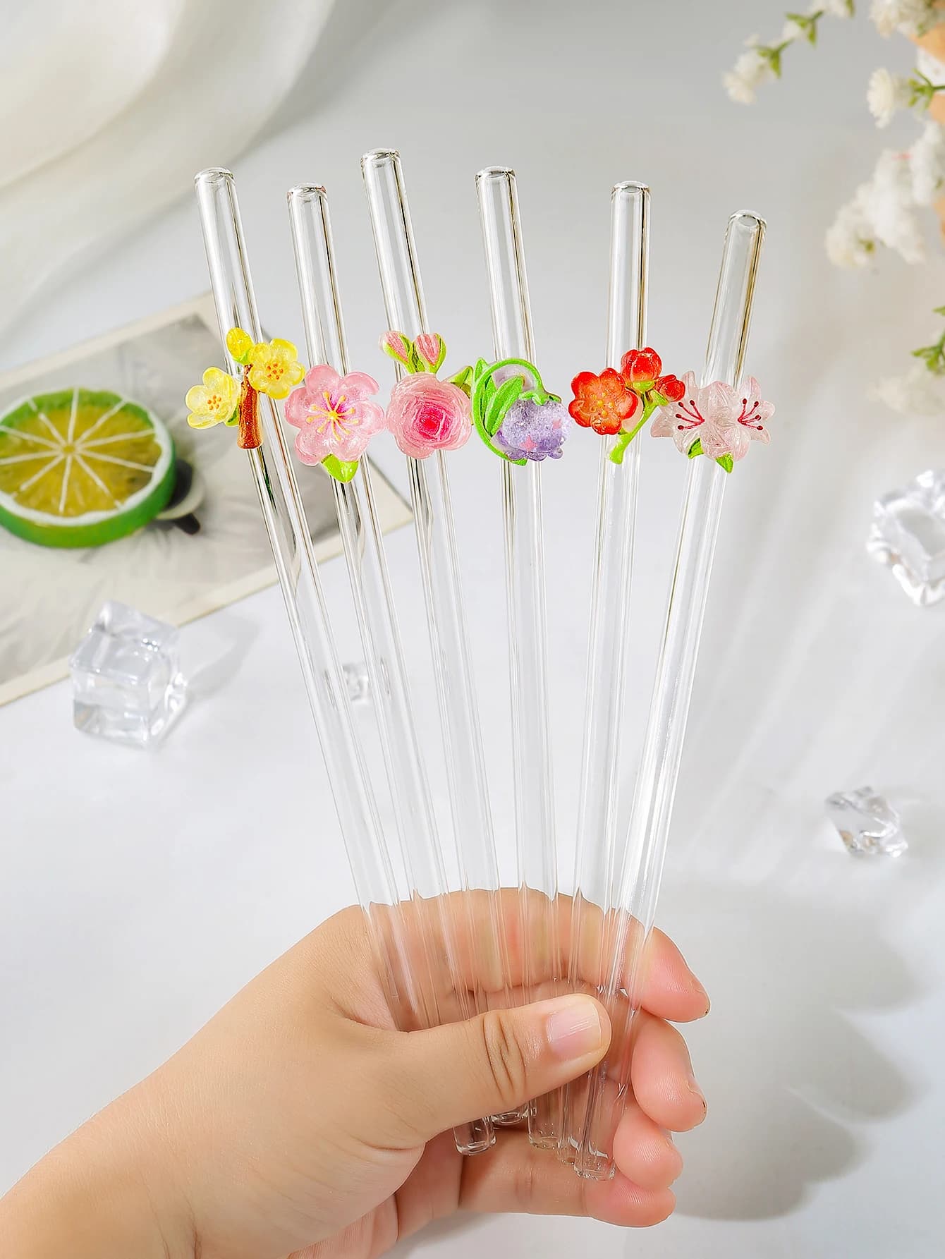 6PCS Floral Combo Glass Straws,Reusable Curved for Coffee, Milk Tea, Juices, Smoothies, Hot/Cold Drinks. Perfect for Parties
