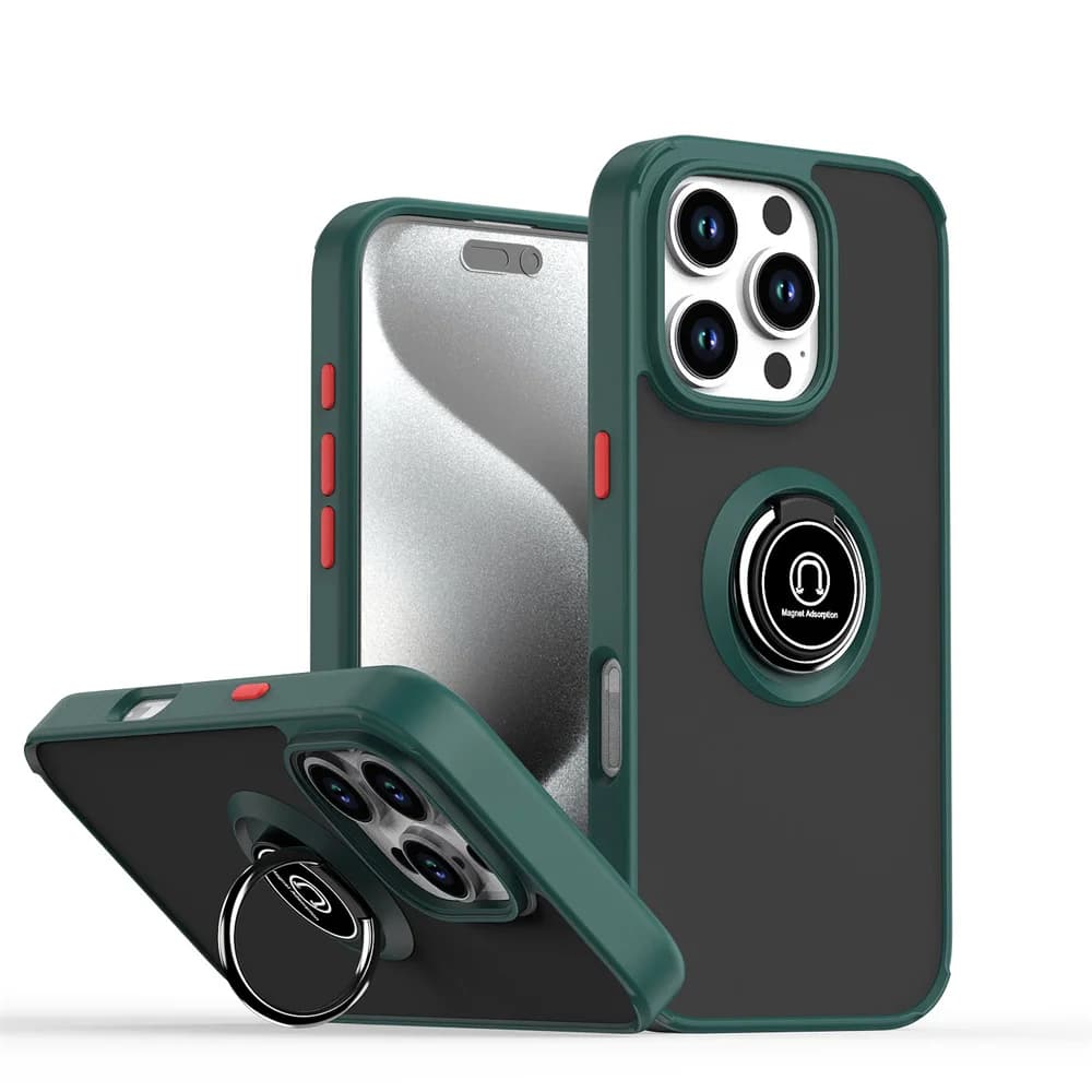 Phone case with magnetic support with matt finger ring for iPhone 15 16 17 Pro Max 14 Plus 13 12 11 Cover with solid color skin feeling