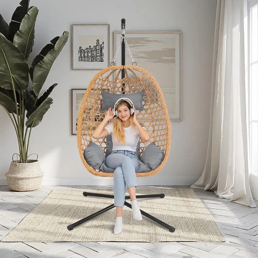 Sedia a dondolo Egg Chair con supporto e cuscini, in rattan per tutte le stagioni, per patio, balcone, giardino, design moderno Boho, pronta all'uso per interni