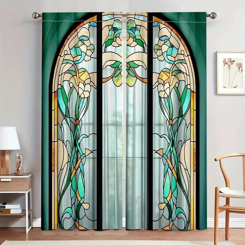 Art Nouveau Stained Glass Curtains Pair for Living Room Decorative Window Curtains Home Decor Emerald Green Pattern Curtain Trea