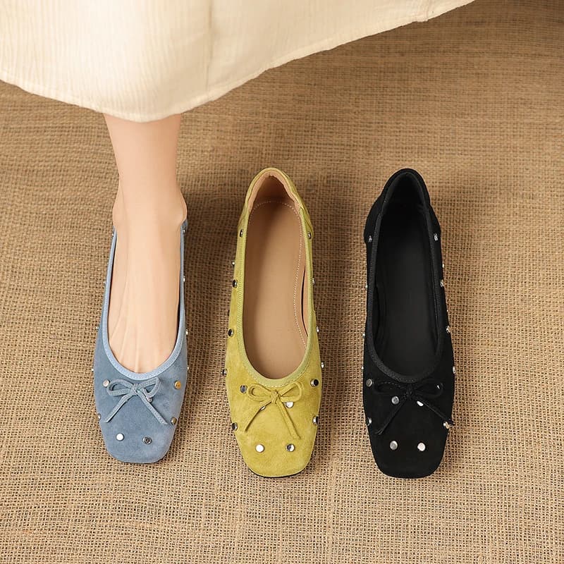 2026new spring autumn women pumps natural leather 22-25cm sheep suede+cowhide+pigskin square toe loafers metal rivet women shoes