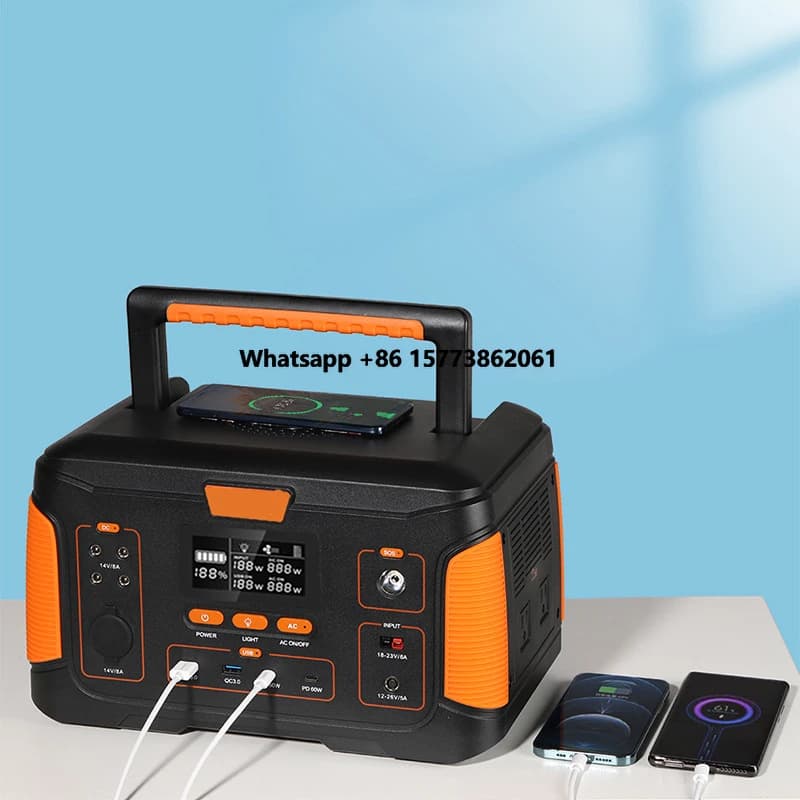 Portable solar generator for outdoor camping with AC/DC socket, rechargeable energy accumulator, 300W 500W 1000W power bank.