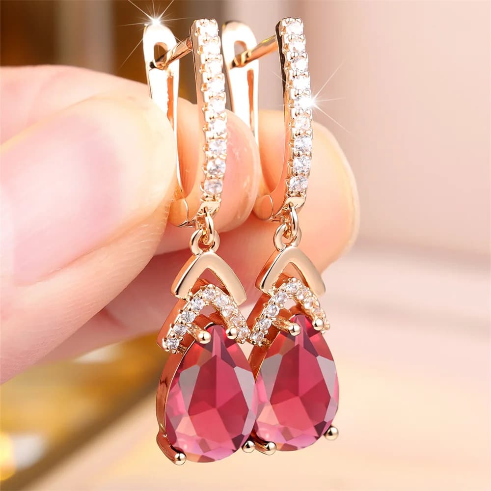 Rose Red Crystal Water Drop Stone Pendant Hoop Earrings For Women Multicolor Zircon Gold Color Ear Buckle Wedding Jewelry Gifts