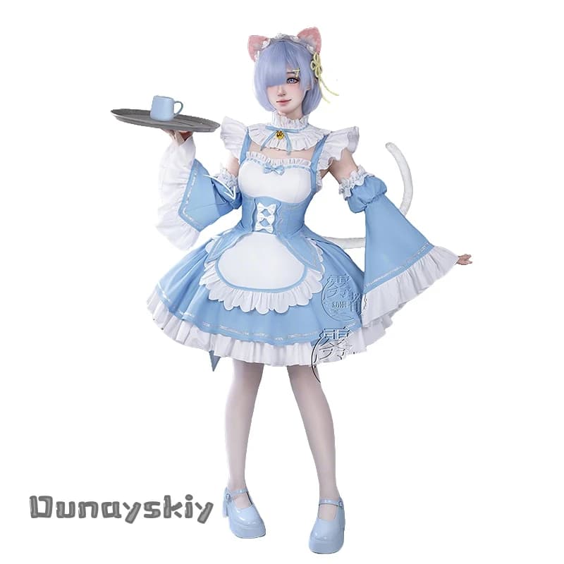 XS-2XL Re: Zero Starting Life in Another World Rem Cosplay Costume Bule French Maid Dress Halloween Disguise for Adult Women