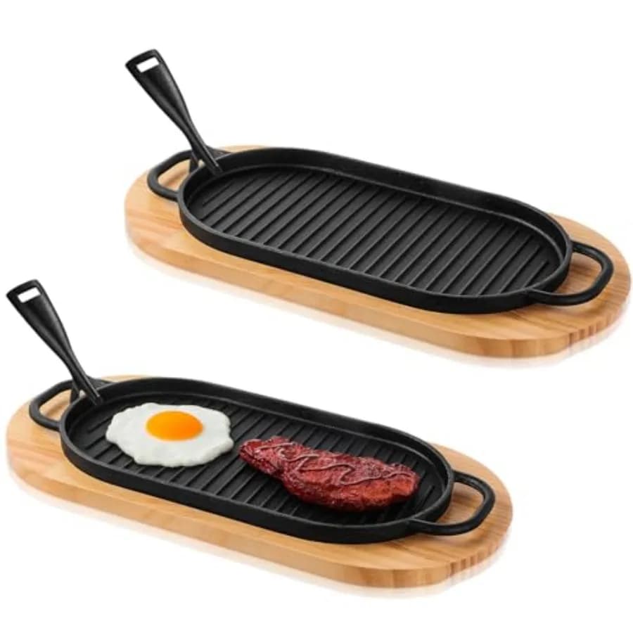 Set di padelle in ghisa per fajitas, piatto per bistecche con base in legno e manico rimovibile, padella grill in ghisa per