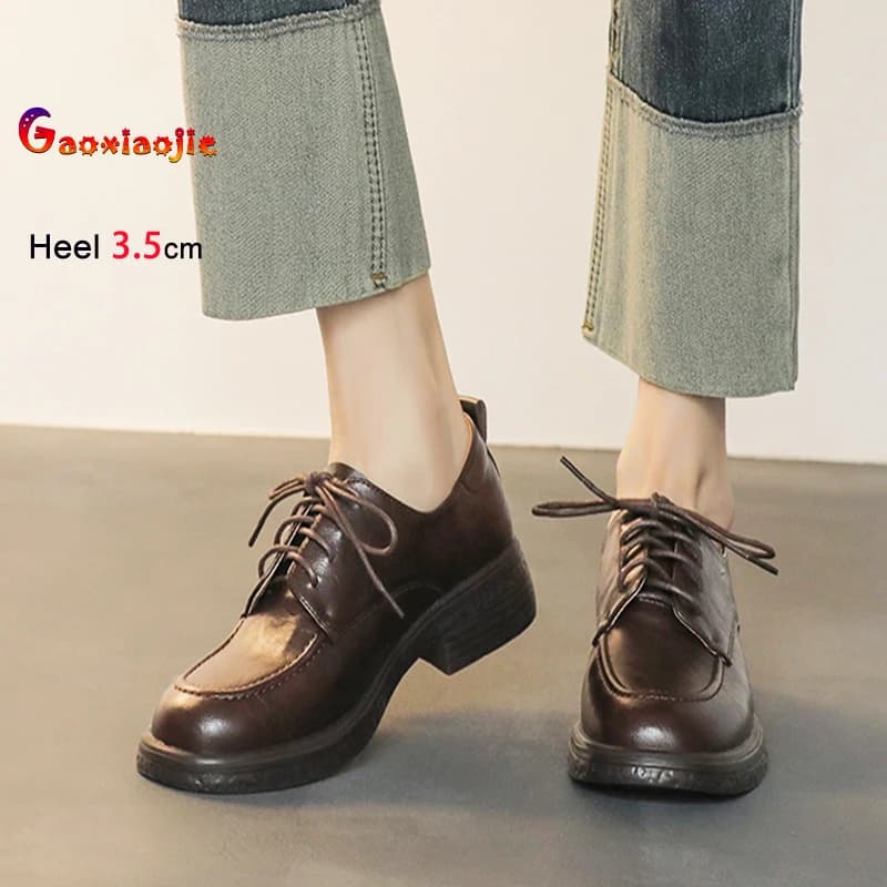 Scarpe da donna in vera pelle con tacco alto 3,5 cm, stile britannico, punta quadrata, casual, con lacci frontali, suola morbida, mocassini da donna.