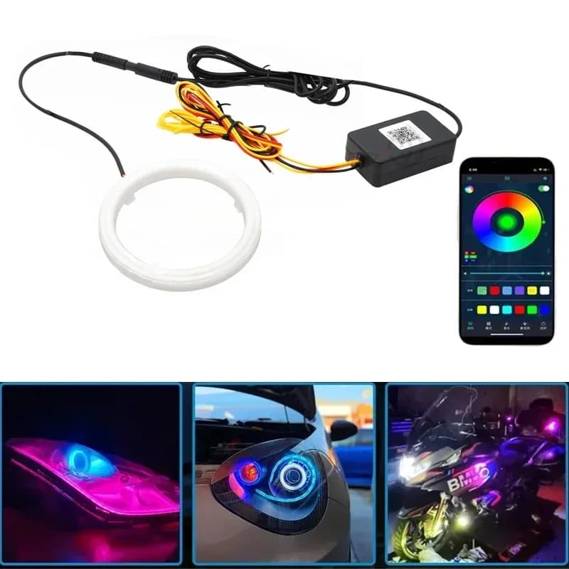 1PC 9-30V RGB Cotton LED Angel Eyes Halo Rings 60mm 70mm 80mm LED Headlights for Motorcycle DRL Eyes APP Decorative Control