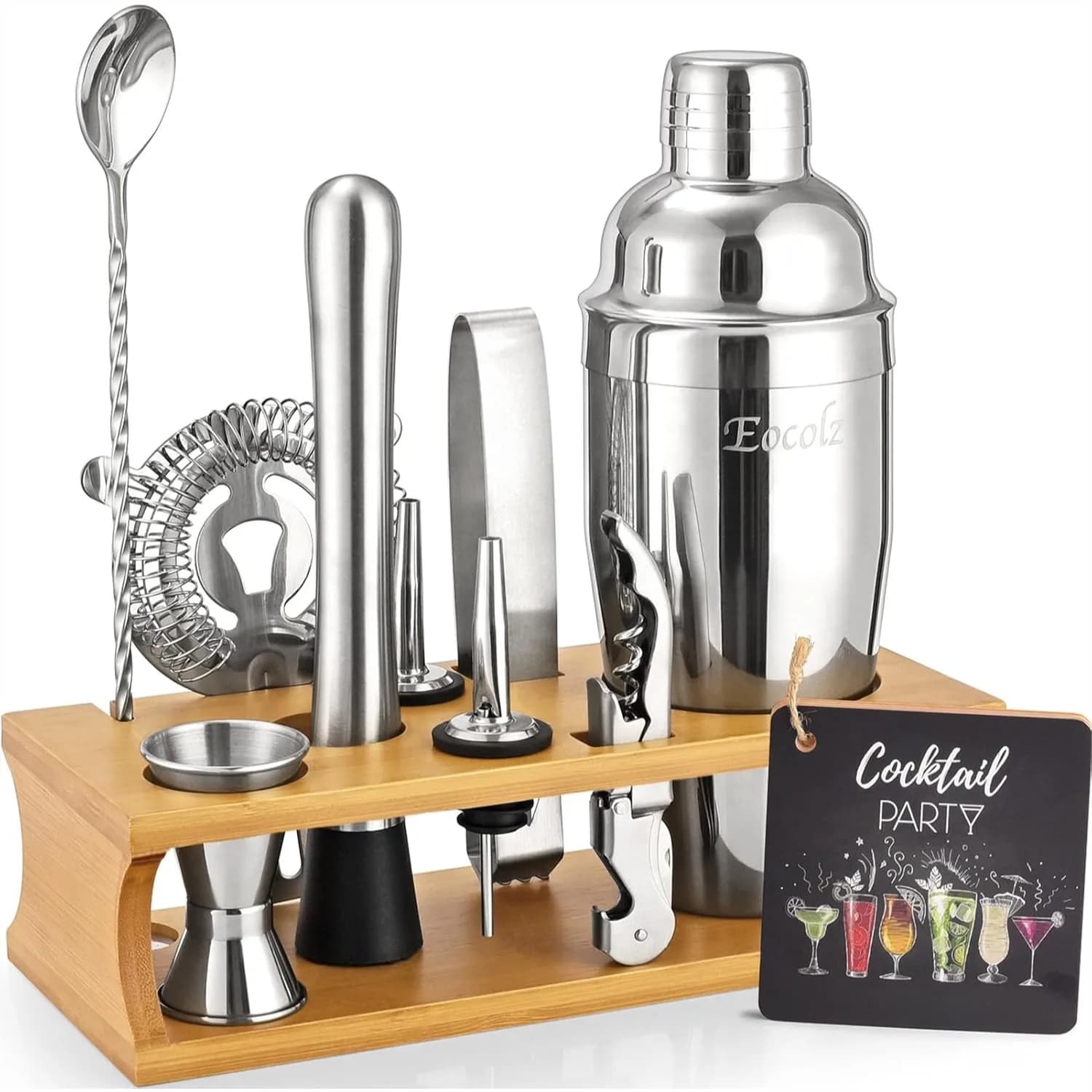 Set da Barman 11 Pezzi con Shaker per Cocktail, Supporto e Utensili da Bar per Miscelazione Domestica e Regali