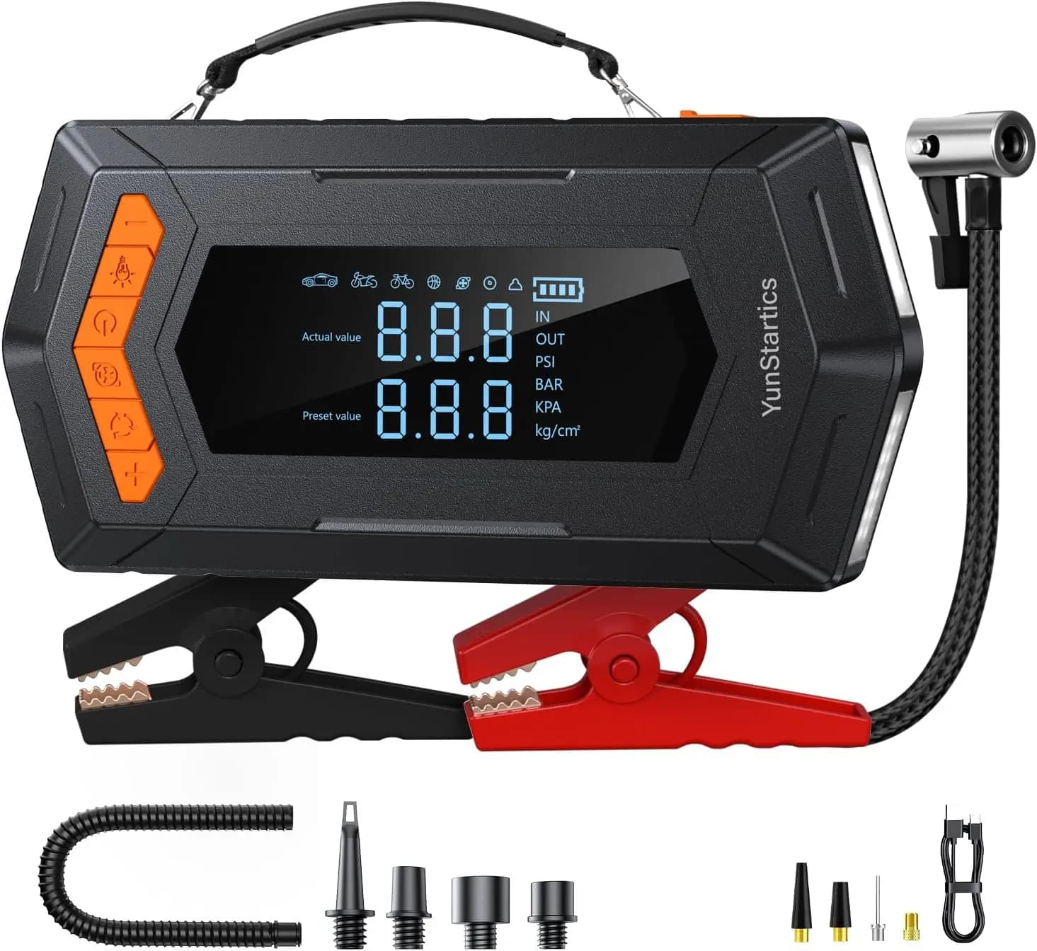 Avviatore portatile da 4000 A con compressore d'aria, amplificatore per batteria per auto da 12 V, gonfiatore per pneumatici da 150 PSI, spegnimento automatico