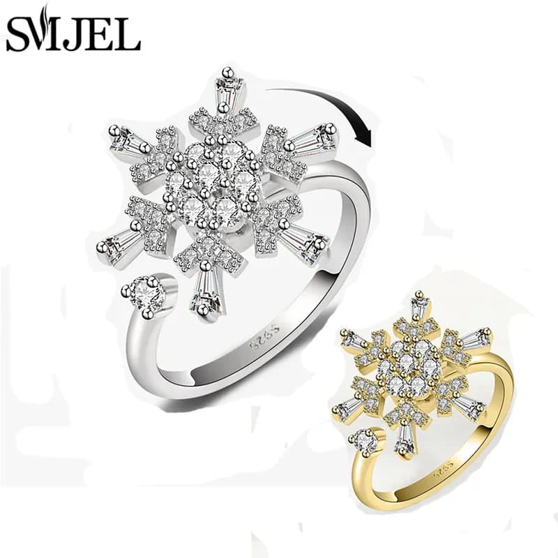 Anelli Antistress con Charm a Fiocco di Neve Rotante per Donne, Anello Girevole di Lusso con Cristalli, Gioielli Antistress Natalizi