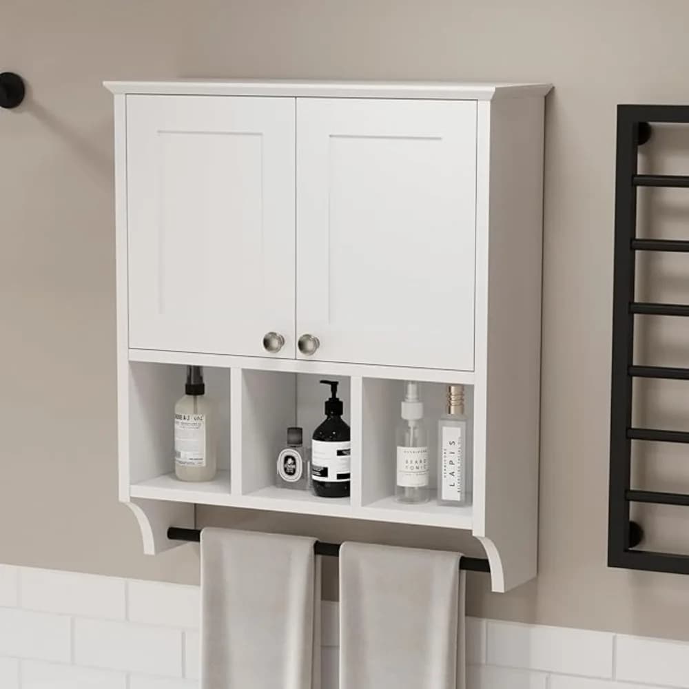 Armadietto da Bagno, Mobiletto da Parete Sopra il WC con Porta Asciugamani, 2 Ripiani e 3 Scaffali Aperti, Bianco