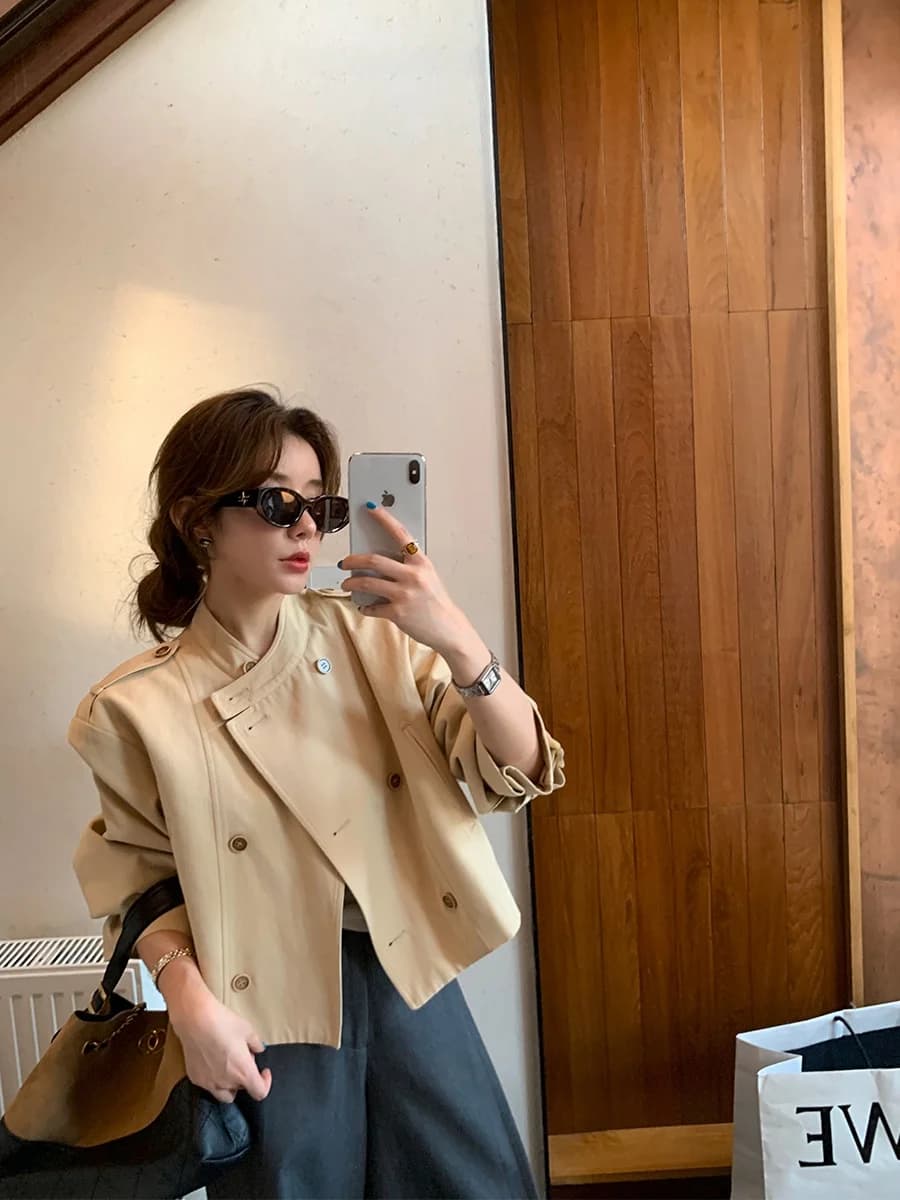 MUKOK 100% Cotton Khaki British Style Women's Short Jacket Double Row Buttons Casual Stand Collar Commute Fashion Cotton Coat