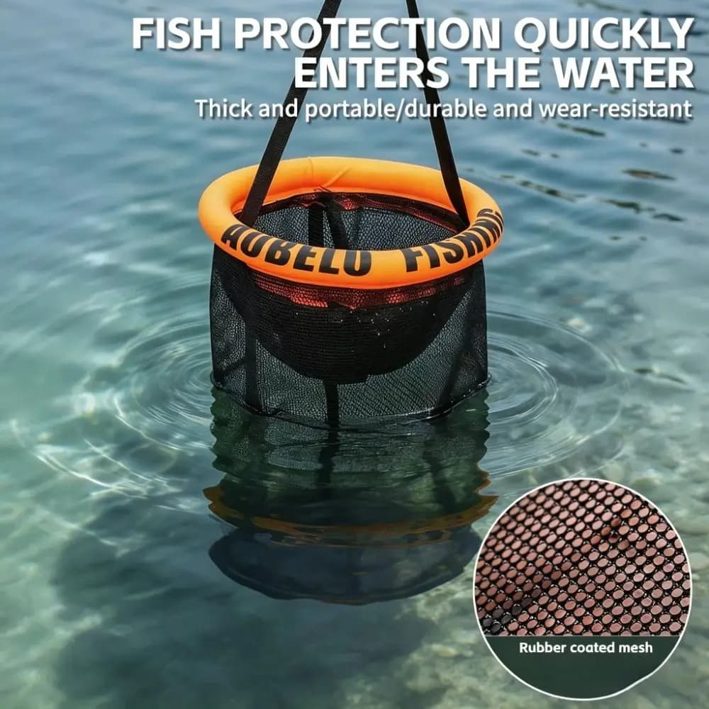Durable Mesh Foldable Fishing Basket Drawstring Closure Collapsible Round Floating Basket Circular Bait Container Live Fish Net