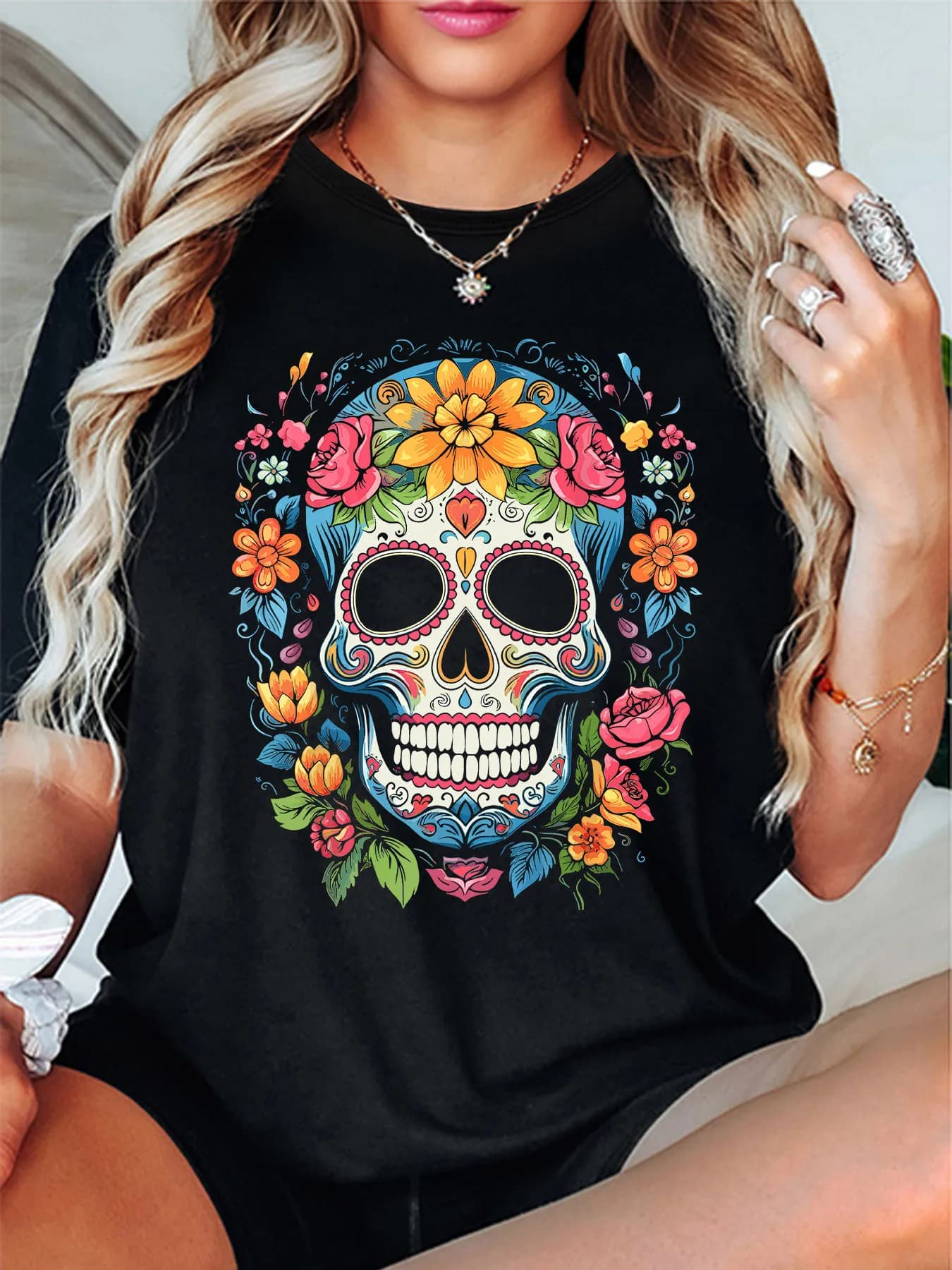 T-shirt da donna con stampa teschio Day of The Dead - Top casual girocollo a maniche corte lavabile in lavatrice - Perfetta per la primavera e l'estate