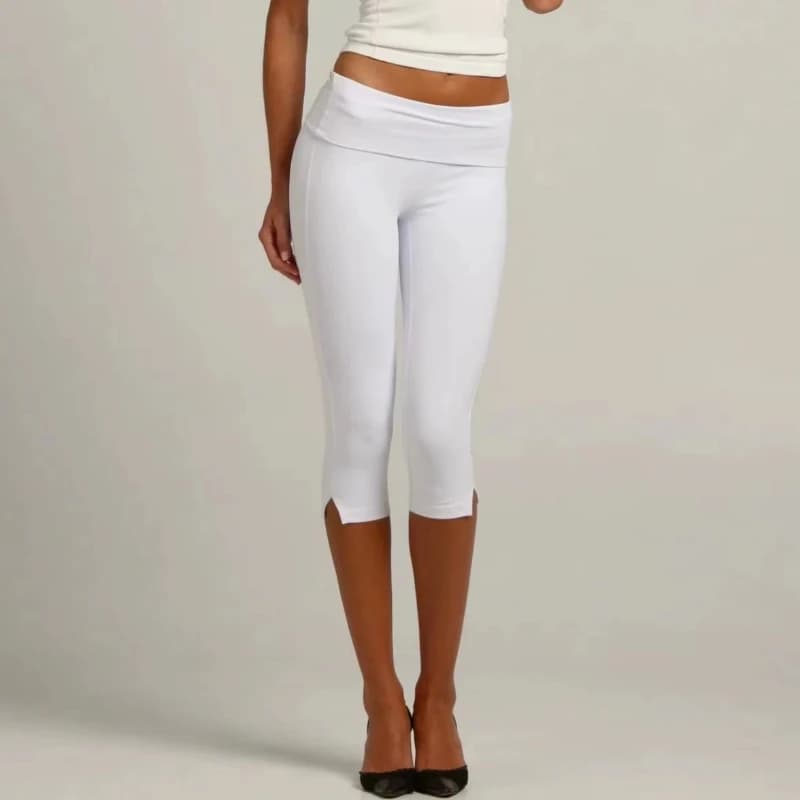 Summer Streetwear Yoga Pants Women Retro Solid Fold Over Waistband Leggings Low Rise Split Hem 3/4 Length Skinny Pants Casual